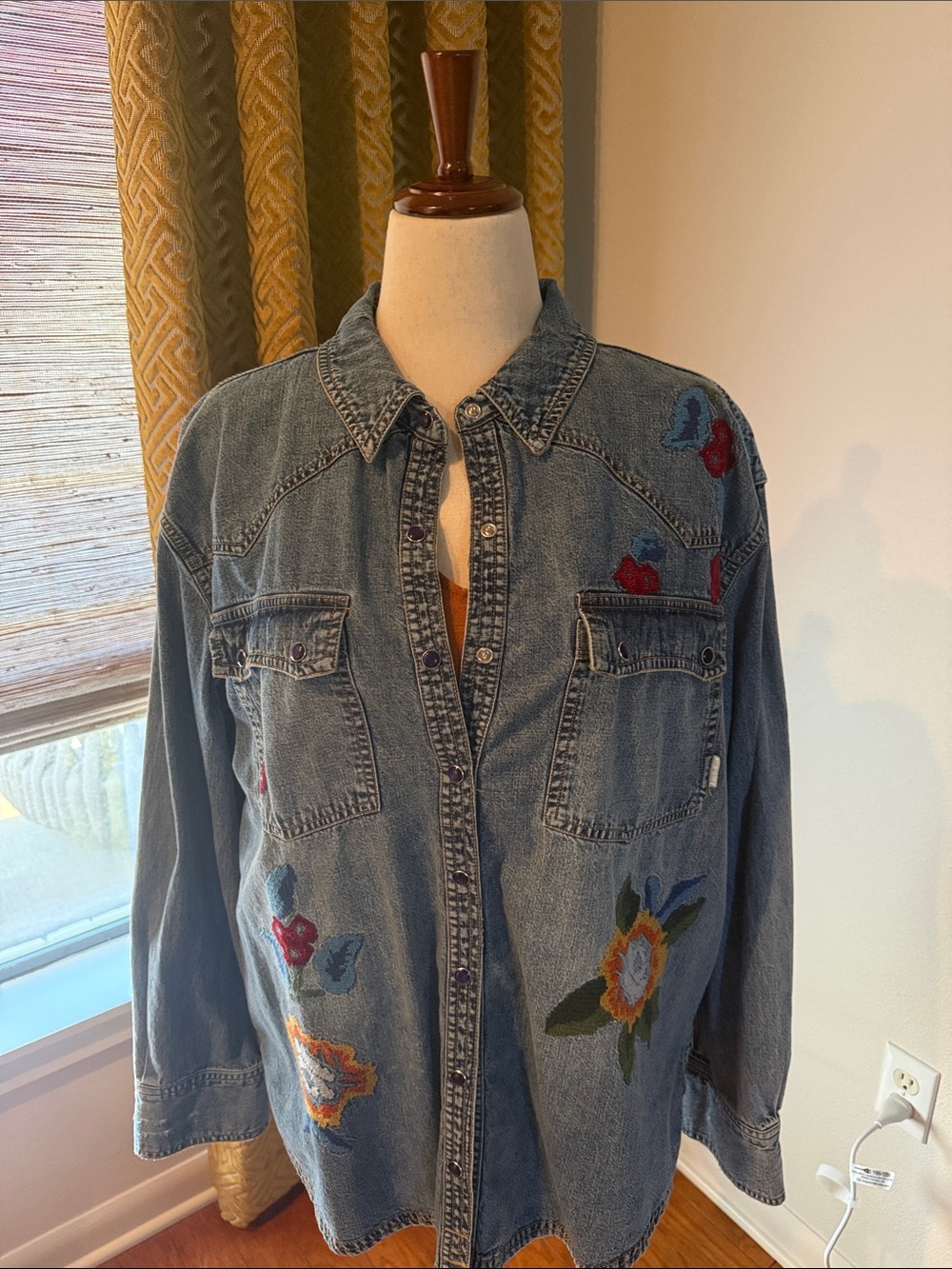 Free People Floral Embroidered Light Blue Denim Jacket